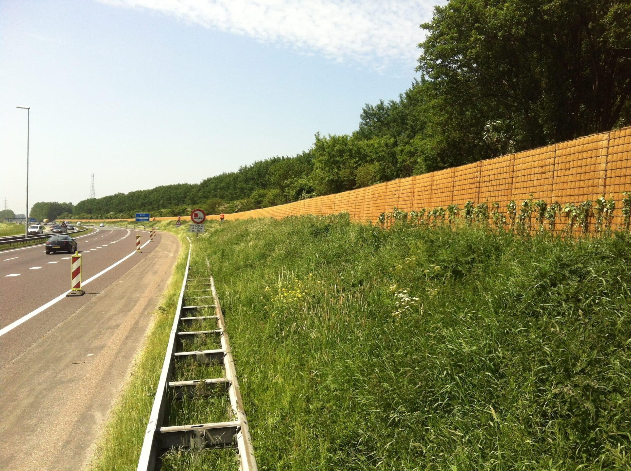 Installed roadside Greenwall acoustic barrier with planting establishing along its surface